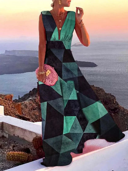 Women’s Sleeveless Deep V-Neck Maxi Dress with Flowing Silhouette