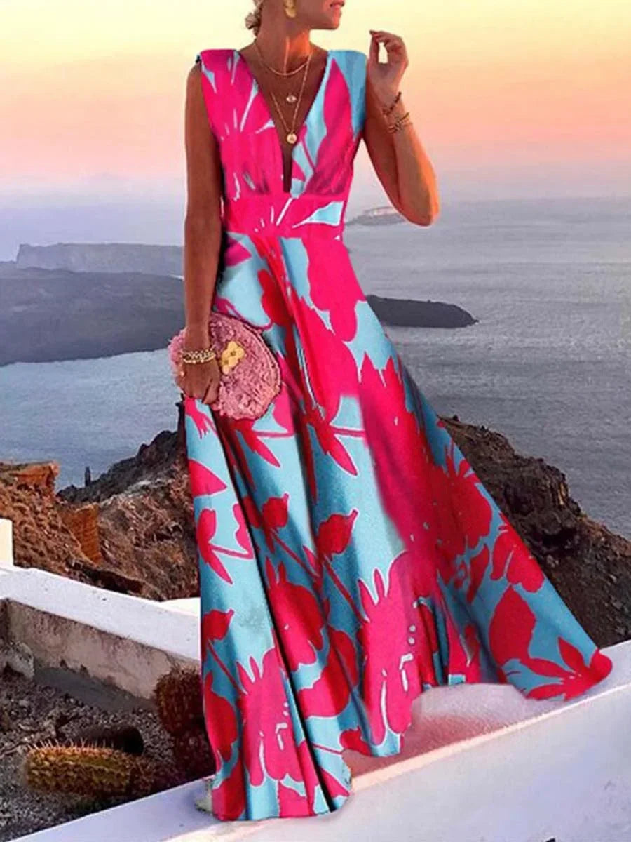 Women’s Sleeveless Deep V-Neck Maxi Dress with Flowing Silhouette