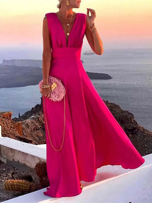 Women’s Sleeveless Deep V-Neck Maxi Dress with Flowing Silhouette