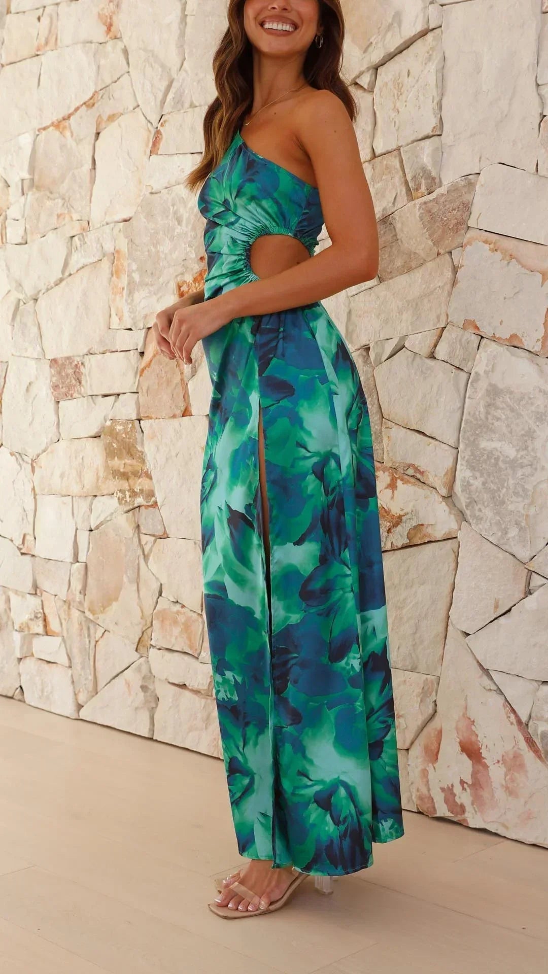 Women’s One Shoulder Tropical High Slit Maxi Dress