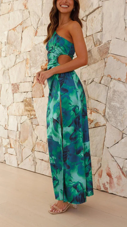 Women’s One Shoulder Tropical High Slit Maxi Dress