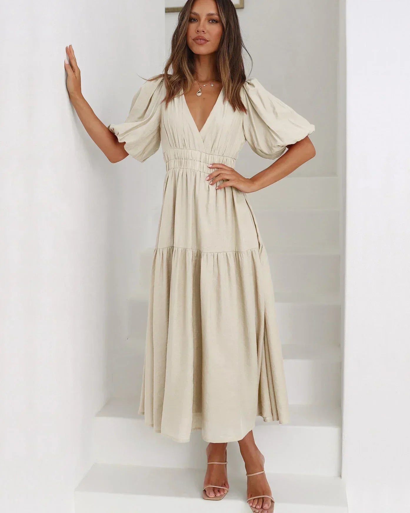 Flowy V-Neck Midi Dress for Women
