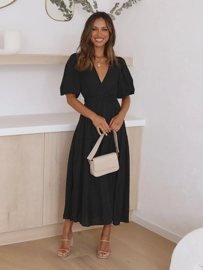 Flowy V-Neck Midi Dress for Women