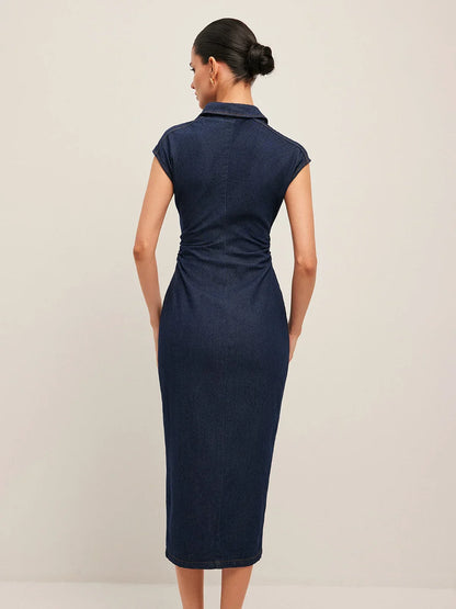 Women’s Button Front Cap Sleeve Midi Dress