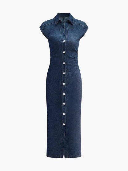 Women’s Button Front Cap Sleeve Midi Dress
