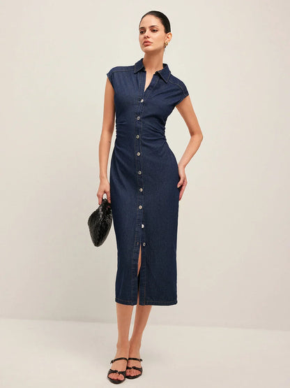 Women’s Button Front Cap Sleeve Midi Dress