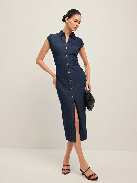 Women’s Button Front Cap Sleeve Midi Dress