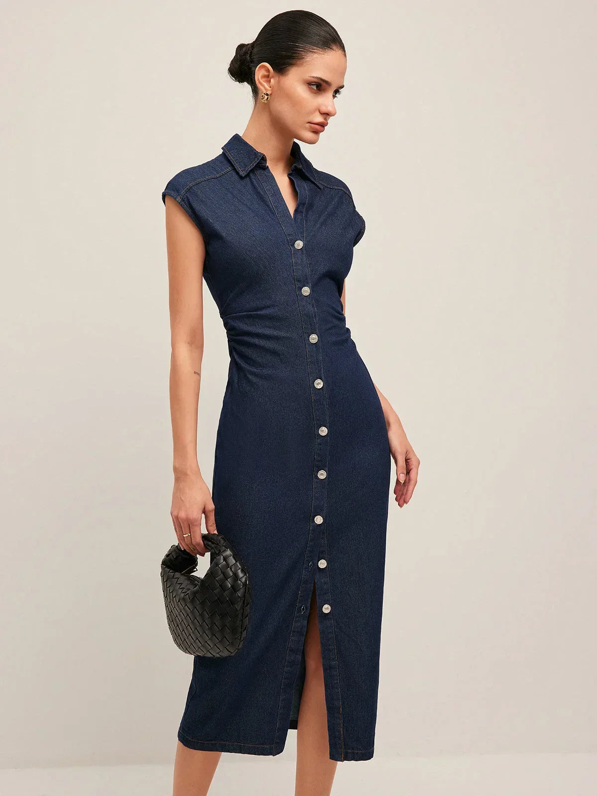 Women’s Button Front Cap Sleeve Midi Dress