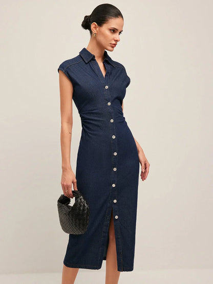 Women’s Button Front Cap Sleeve Midi Dress