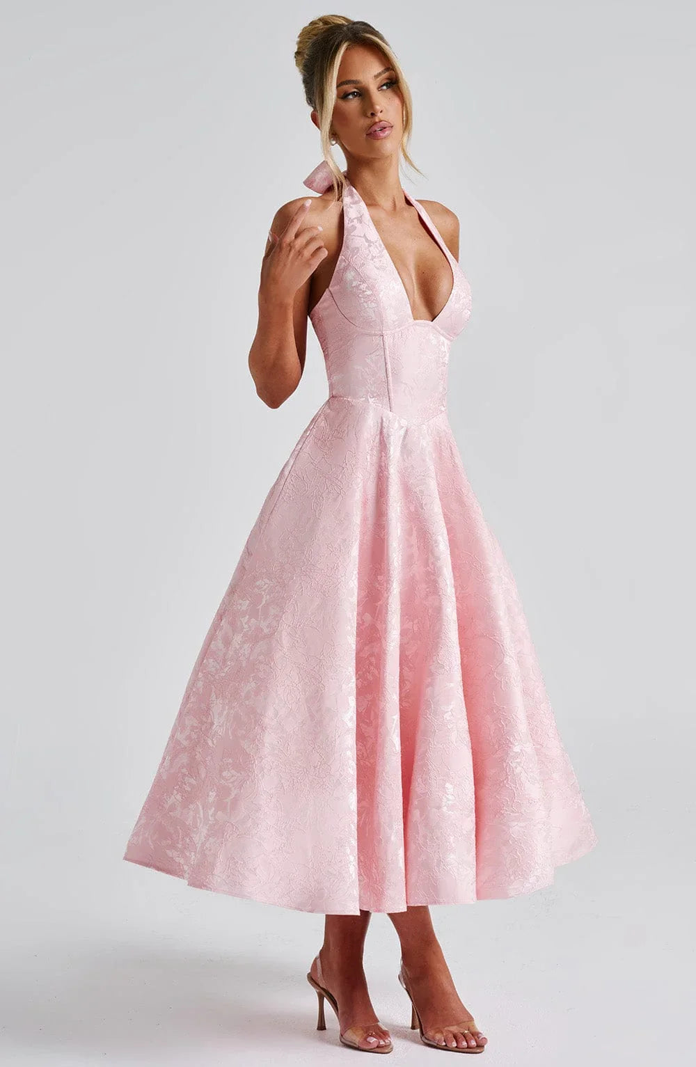 Women’s Halter Neck Midi Party Dress with Flared Skirt and Elegant Open Back