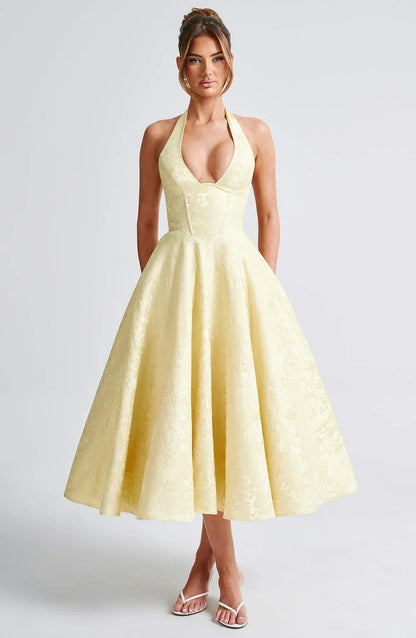 Women’s Halter Neck Midi Party Dress with Flared Skirt and Elegant Open Back