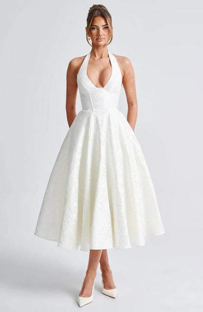 Women’s Halter Neck Midi Party Dress with Flared Skirt and Elegant Open Back