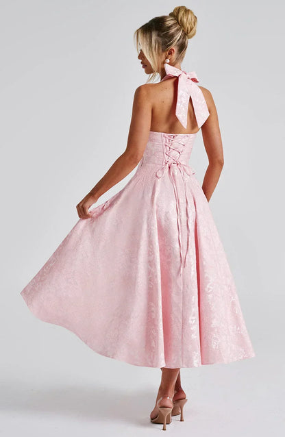 Women’s Halter Neck Midi Party Dress with Flared Skirt and Elegant Open Back