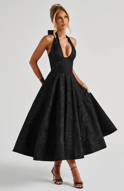 Women’s Halter Neck Midi Party Dress with Flared Skirt and Elegant Open Back