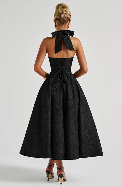 Women’s Halter Neck Midi Party Dress with Flared Skirt and Elegant Open Back