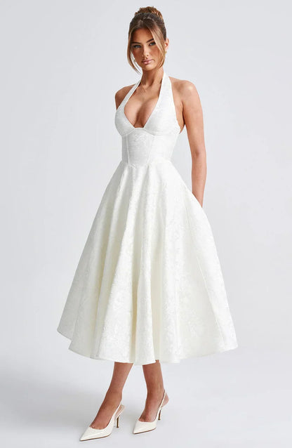 Women’s Halter Neck Midi Party Dress with Flared Skirt and Elegant Open Back