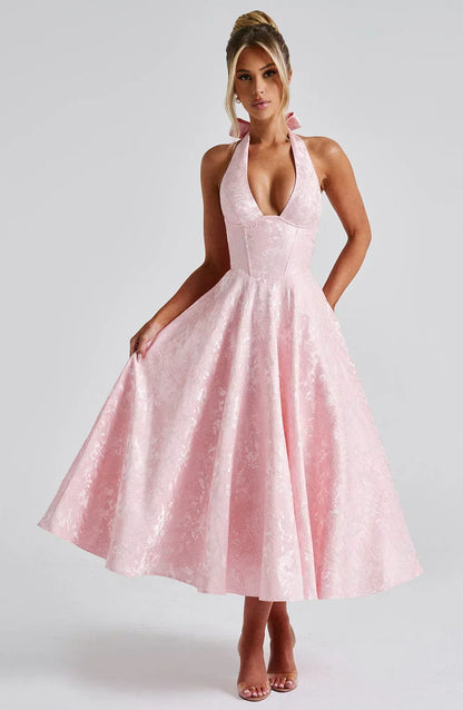Women’s Halter Neck Midi Party Dress with Flared Skirt and Elegant Open Back
