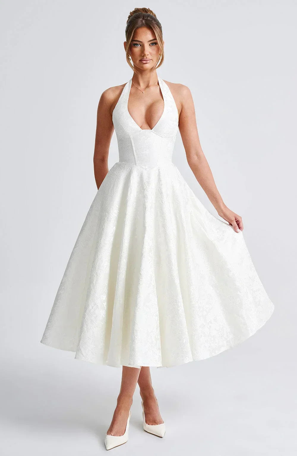 Women’s Halter Neck Midi Party Dress with Flared Skirt and Elegant Open Back