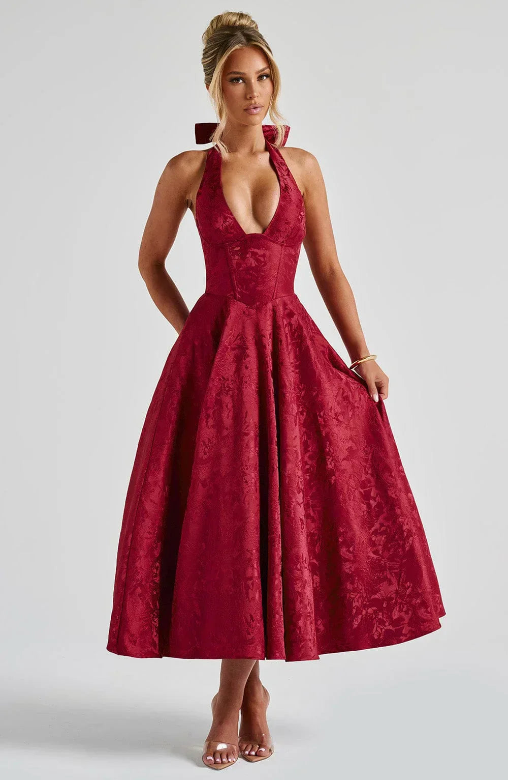 Women’s Halter Neck Midi Party Dress with Flared Skirt and Elegant Open Back