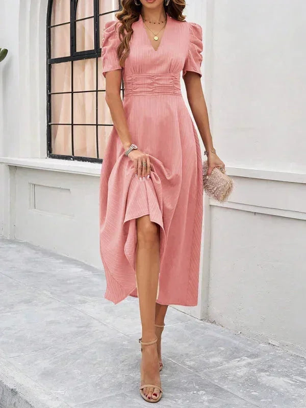 Women’s Elegant Puff Sleeve Midi Dress with Flowy A-Line Silhouette