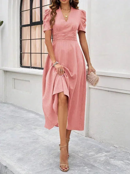 Women’s Elegant Puff Sleeve Midi Dress with Flowy A-Line Silhouette