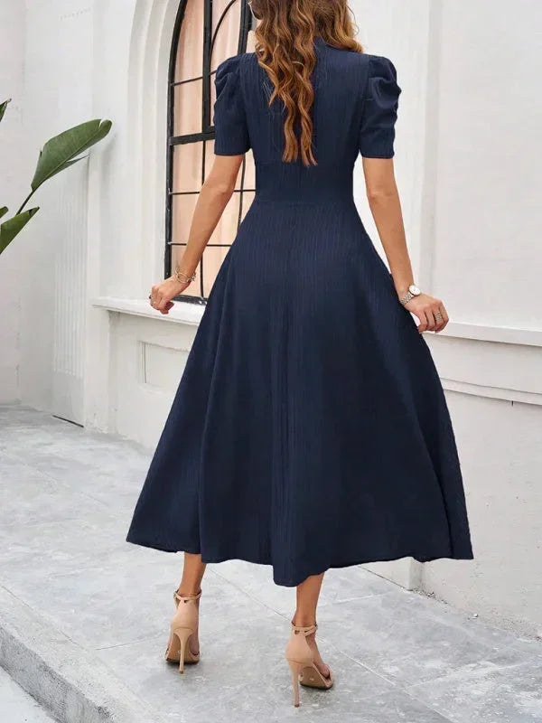Women’s Elegant Puff Sleeve Midi Dress with Flowy A-Line Silhouette