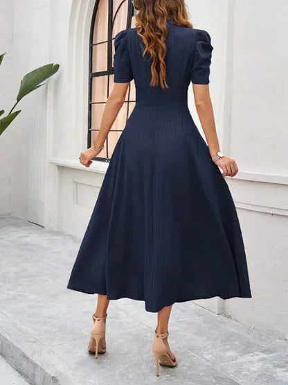Women’s Elegant Puff Sleeve Midi Dress with Flowy A-Line Silhouette
