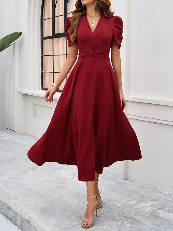 Women’s Elegant Puff Sleeve Midi Dress with Flowy A-Line Silhouette