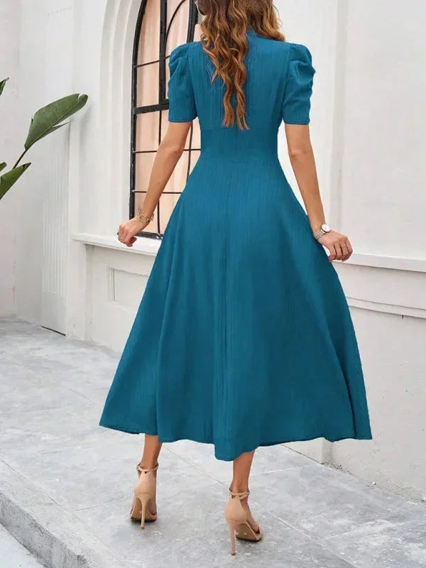 Women’s Elegant Puff Sleeve Midi Dress with Flowy A-Line Silhouette