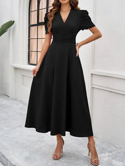 Women’s Elegant Puff Sleeve Midi Dress with Flowy A-Line Silhouette