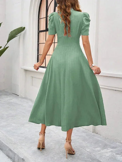 Women’s Elegant Puff Sleeve Midi Dress with Flowy A-Line Silhouette