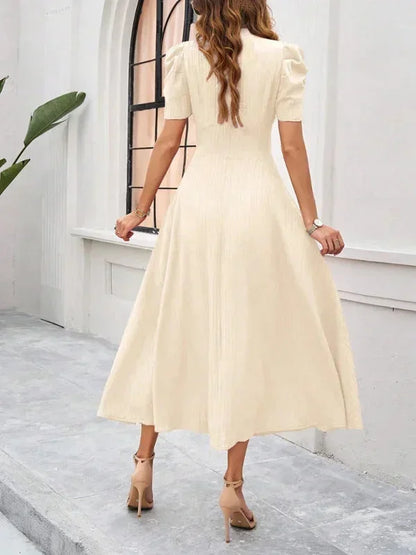 Women’s Elegant Puff Sleeve Midi Dress with Flowy A-Line Silhouette