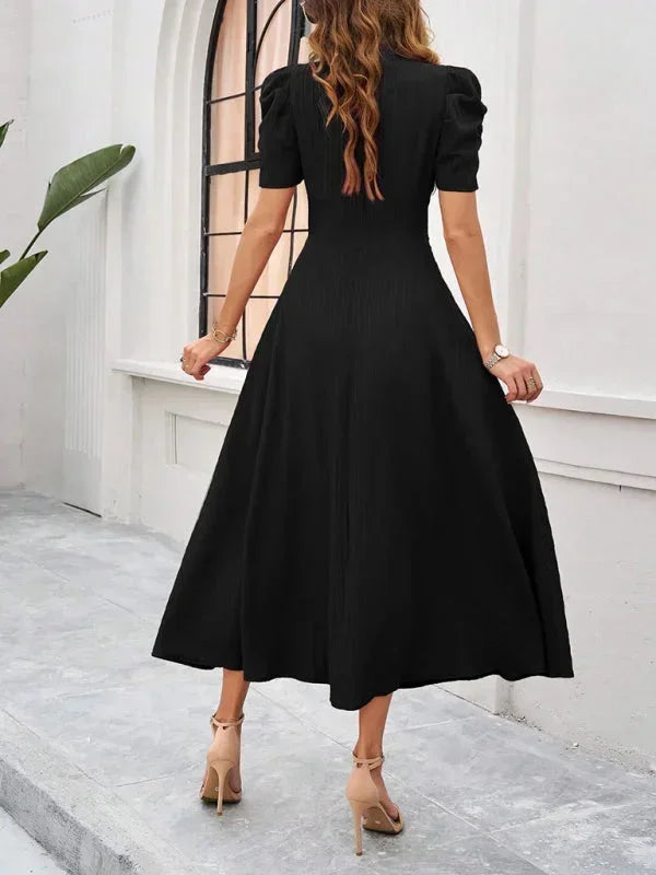 Women’s Elegant Puff Sleeve Midi Dress with Flowy A-Line Silhouette