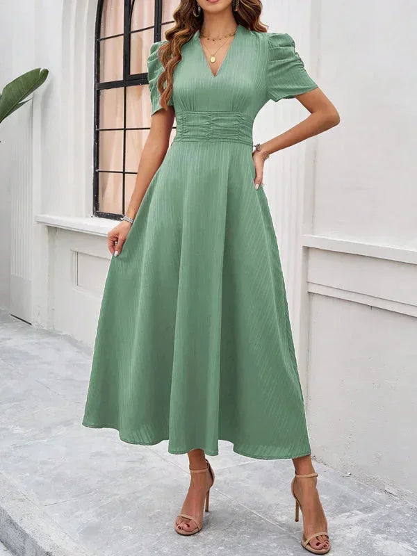 Women’s Elegant Puff Sleeve Midi Dress with Flowy A-Line Silhouette
