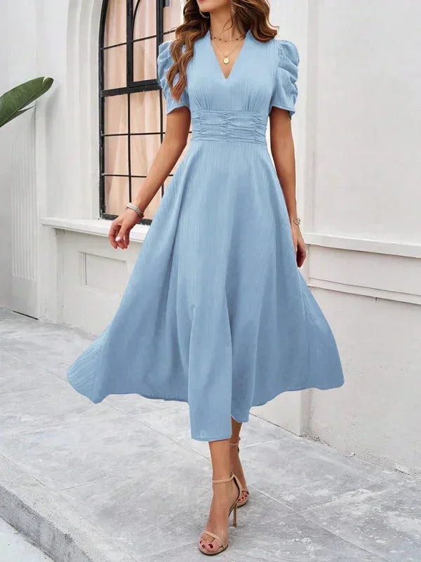 Women’s Elegant Puff Sleeve Midi Dress with Flowy A-Line Silhouette