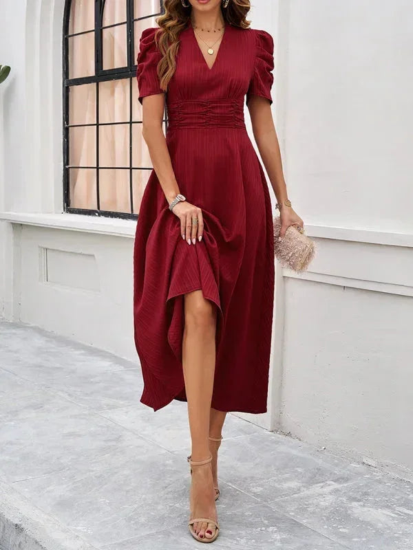 Women’s Elegant Puff Sleeve Midi Dress with Flowy A-Line Silhouette