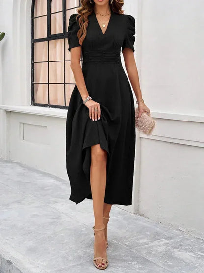 Women’s Elegant Puff Sleeve Midi Dress with Flowy A-Line Silhouette