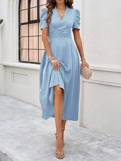 Women’s Elegant Puff Sleeve Midi Dress with Flowy A-Line Silhouette