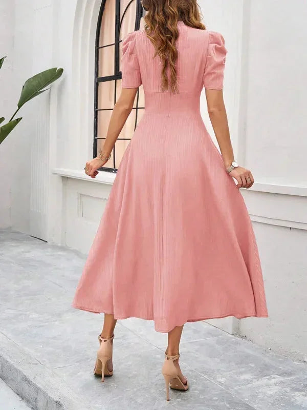 Women’s Elegant Puff Sleeve Midi Dress with Flowy A-Line Silhouette