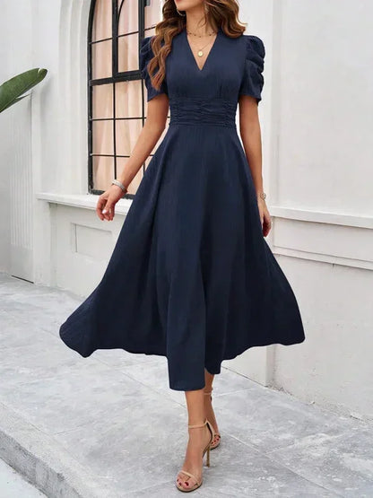 Women’s Elegant Puff Sleeve Midi Dress with Flowy A-Line Silhouette