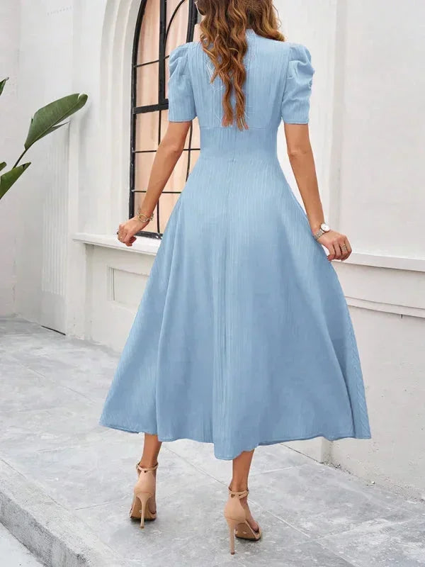 Women’s Elegant Puff Sleeve Midi Dress with Flowy A-Line Silhouette