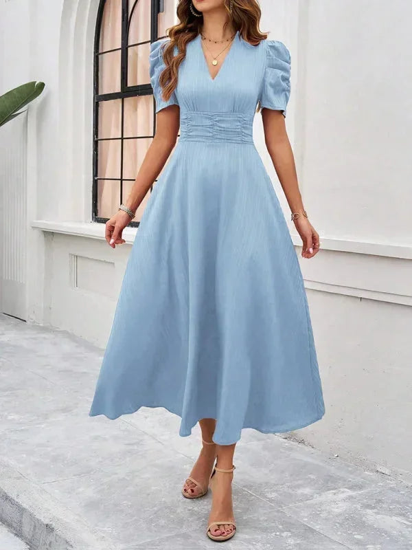 Women’s Elegant Puff Sleeve Midi Dress with Flowy A-Line Silhouette