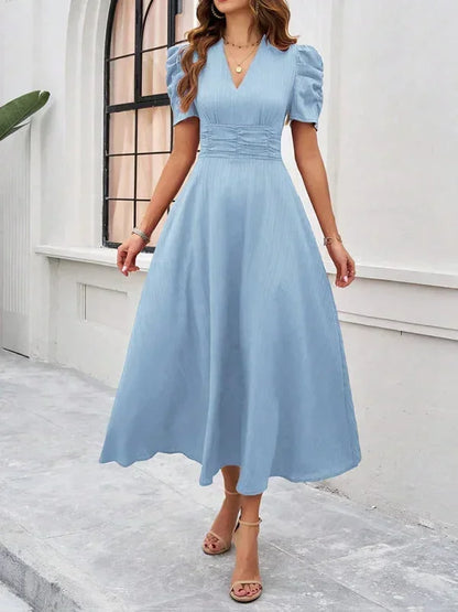 Women’s Elegant Puff Sleeve Midi Dress with Flowy A-Line Silhouette