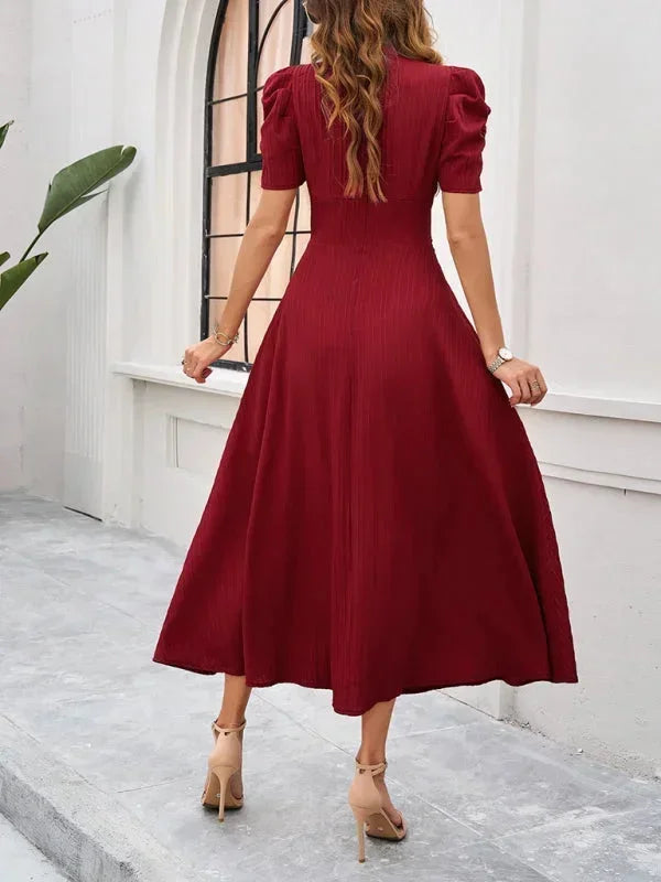 Women’s Elegant Puff Sleeve Midi Dress with Flowy A-Line Silhouette