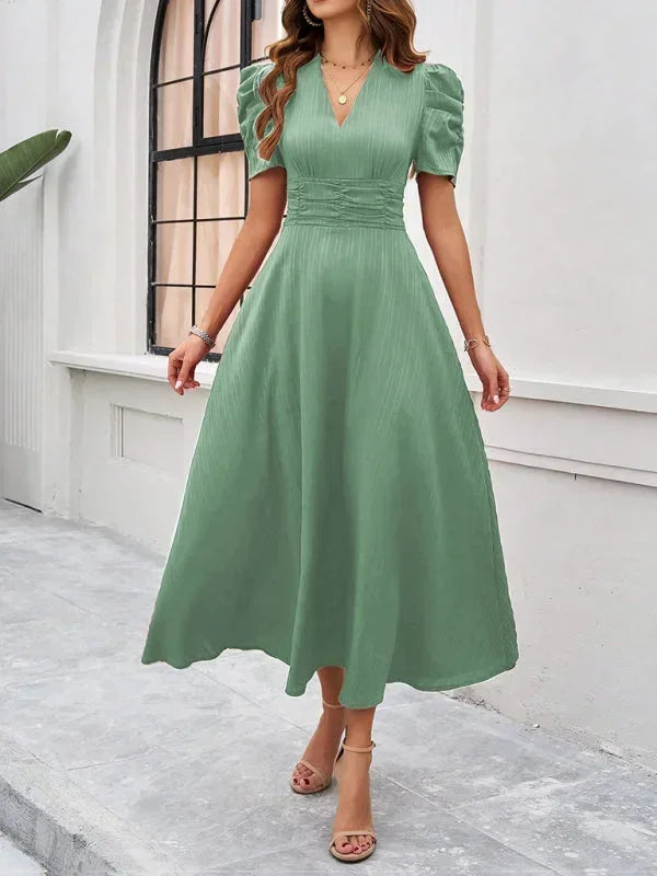Women’s Elegant Puff Sleeve Midi Dress with Flowy A-Line Silhouette