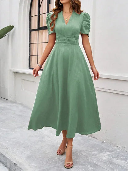 Women’s Elegant Puff Sleeve Midi Dress with Flowy A-Line Silhouette