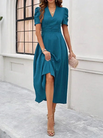 Women’s Elegant Puff Sleeve Midi Dress with Flowy A-Line Silhouette