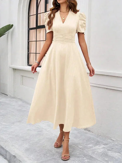Women’s Elegant Puff Sleeve Midi Dress with Flowy A-Line Silhouette