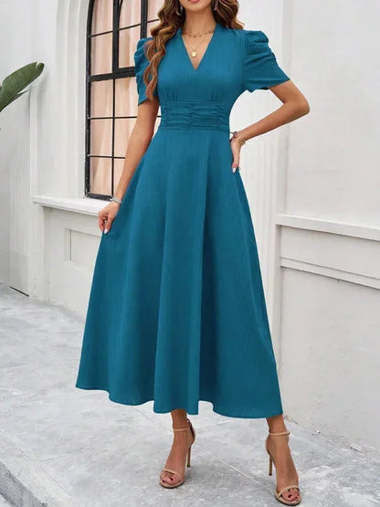 Women’s Elegant Puff Sleeve Midi Dress with Flowy A-Line Silhouette