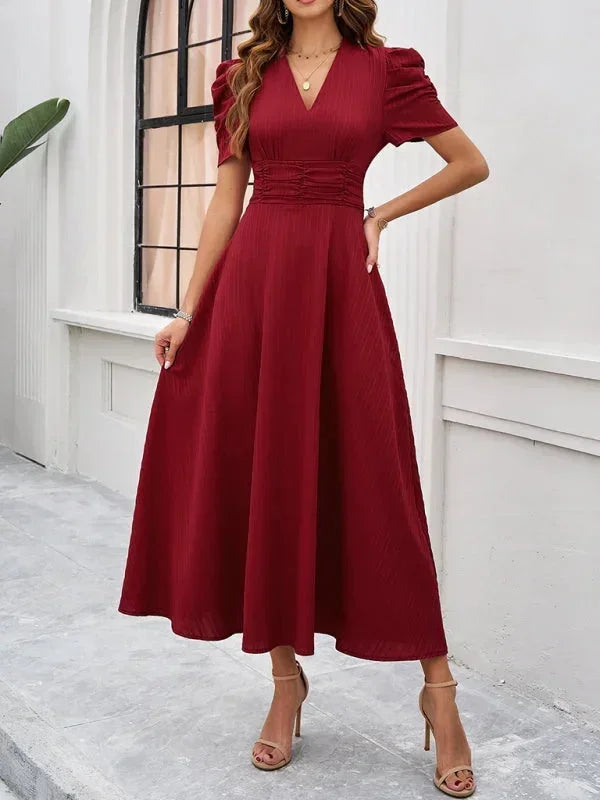 Women’s Elegant Puff Sleeve Midi Dress with Flowy A-Line Silhouette